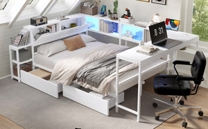 English Elm Corner Full Platform Bed with Bookcase Headboard LED Lighting and Underbed Storage W1670S00043