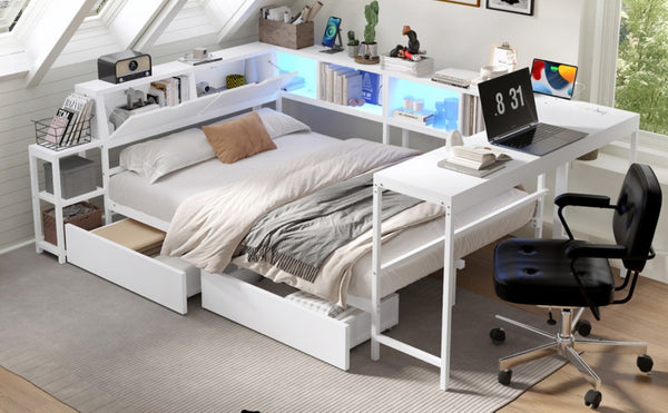 English Elm Corner Full Platform Bed with Bookcase Headboard LED Lighting and Underbed Storage W1670S00043