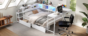 English Elm Corner Full Platform Bed with Bookcase Headboard LED Lighting and Underbed Storage W1670S00043