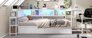 English Elm Corner Full Platform Bed with Bookcase Headboard LED Lighting and Underbed Storage W1670S00043