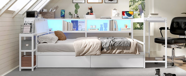 English Elm Corner Full Platform Bed with Bookcase Headboard LED Lighting and Underbed Storage W1670S00043