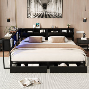 English Elm Full Boucle Upholstered Wingback Bed Tufted Headboard Nailhead Trim Bedroom Frame Black Metal W1670S00044