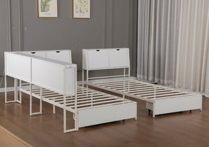 English Elm Queen Upholstered Corner Daybed with Storage Drawers and L Shaped Headboard Antique White Metal W1670S00045