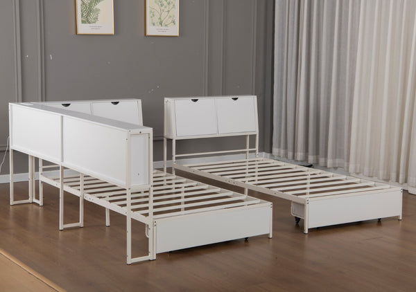 English Elm Queen Upholstered Corner Daybed with Storage Drawers and L Shaped Headboard Antique White Metal W1670S00045
