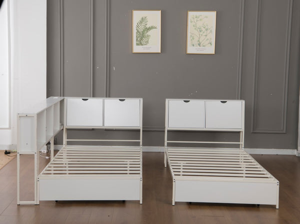 English Elm Queen Upholstered Corner Daybed with Storage Drawers and L Shaped Headboard Antique White Metal W1670S00045