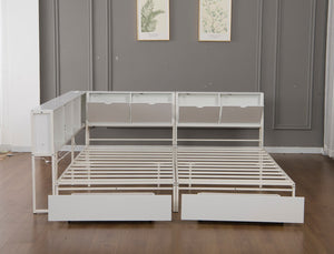 English Elm Queen Upholstered Corner Daybed with Storage Drawers and L Shaped Headboard Antique White Metal W1670S00045