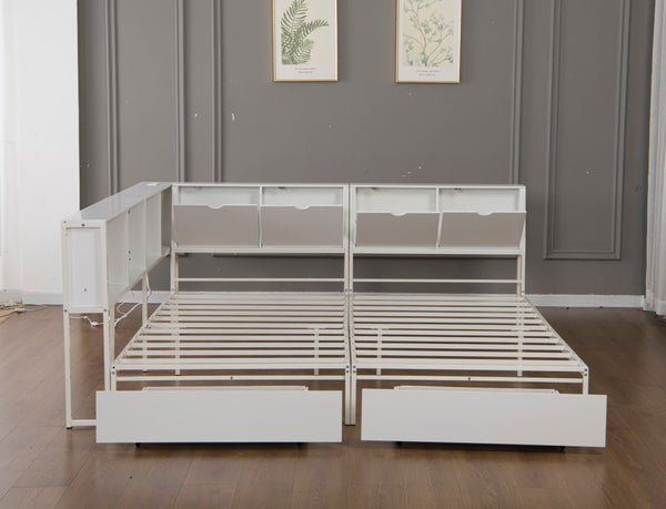 English Elm Queen Upholstered Corner Daybed with Storage Drawers and L Shaped Headboard Antique White Metal W1670S00045
