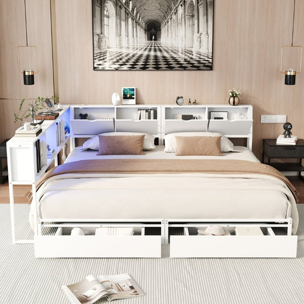 English Elm Queen Upholstered Corner Daybed with Storage Drawers and L Shaped Headboard Antique White Metal W1670S00045