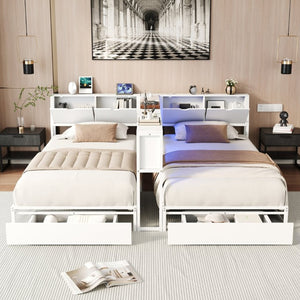 English Elm Queen Upholstered Corner Daybed with Storage Drawers and L Shaped Headboard Antique White Metal W1670S00045