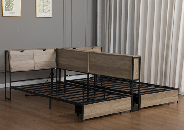English Elm Queen Upholstered Corner Daybed with Storage Drawers and L Shaped Headboard Grey Metal W1670S00046