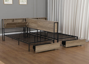 English Elm Queen Upholstered Corner Daybed with Storage Drawers and L Shaped Headboard Grey Metal W1670S00046