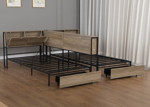 English Elm Queen Upholstered Corner Daybed with Storage Drawers and L Shaped Headboard Grey Metal W1670S00046