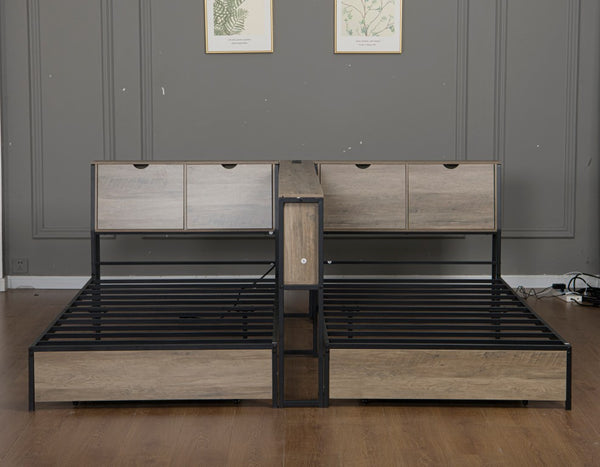 English Elm Queen Upholstered Corner Daybed with Storage Drawers and L Shaped Headboard Grey Metal W1670S00046