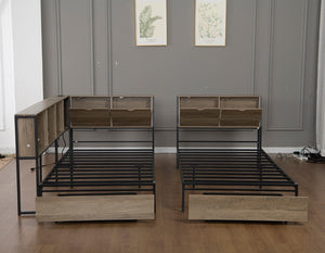 English Elm Queen Upholstered Corner Daybed with Storage Drawers and L Shaped Headboard Grey Metal W1670S00046