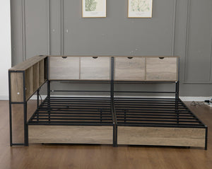 English Elm Queen Upholstered Corner Daybed with Storage Drawers and L Shaped Headboard Grey Metal W1670S00046