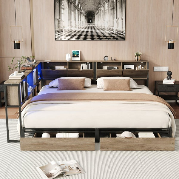 English Elm Queen Upholstered Corner Daybed with Storage Drawers and L Shaped Headboard Grey Metal W1670S00046