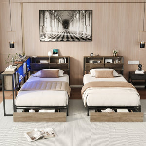 English Elm Queen Upholstered Corner Daybed with Storage Drawers and L Shaped Headboard Grey Metal W1670S00046