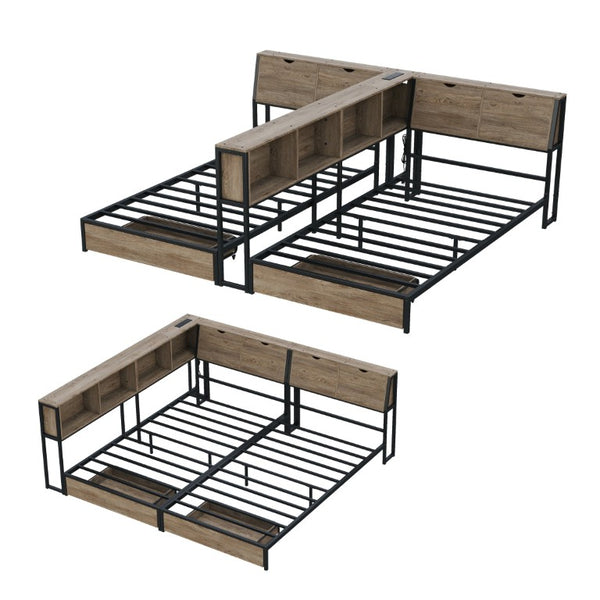 English Elm Queen Upholstered Corner Daybed with Storage Drawers and L Shaped Headboard Grey Metal W1670S00046