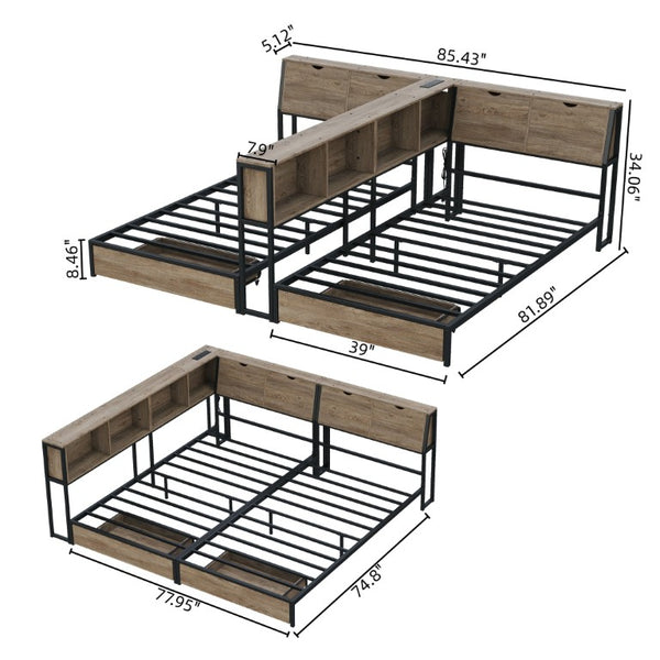 English Elm Queen Upholstered Corner Daybed with Storage Drawers and L Shaped Headboard Grey Metal W1670S00046