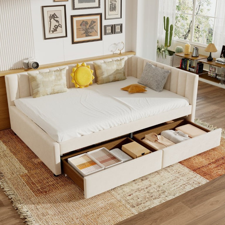 English Elm Queen Upholstered Corner Daybed with Storage Drawers and L Shaped Headboard Beige Velvet W1670S00047