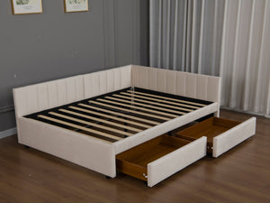 English Elm Queen Upholstered Corner Daybed with Storage Drawers and L Shaped Headboard Beige Velvet W1670S00047