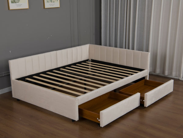 English Elm Queen Upholstered Corner Daybed with Storage Drawers and L Shaped Headboard Beige Velvet W1670S00047