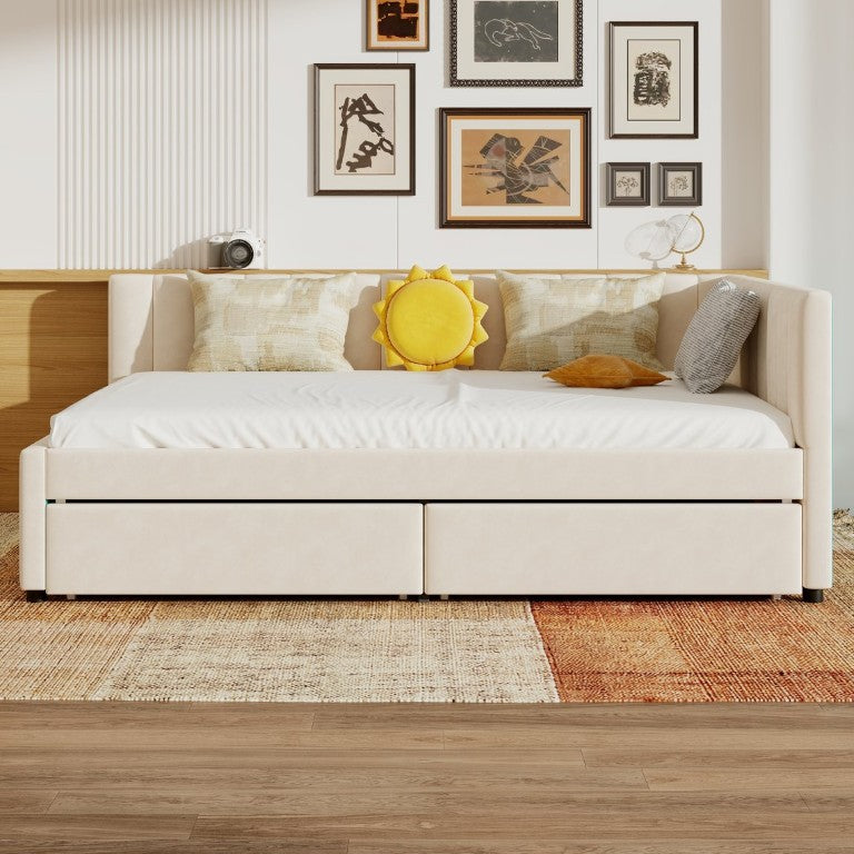 English Elm Queen Upholstered Corner Daybed with Storage Drawers and L Shaped Headboard Beige Velvet W1670S00047