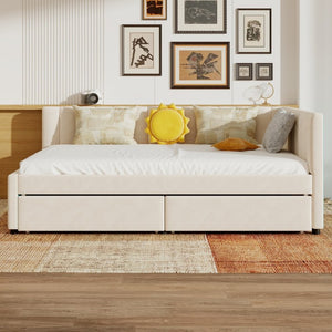 English Elm Queen Upholstered Corner Daybed with Storage Drawers and L Shaped Headboard Beige Velvet W1670S00047