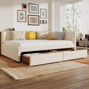 English Elm Queen Upholstered Corner Daybed with Storage Drawers and L Shaped Headboard Beige Velvet W1670S00047