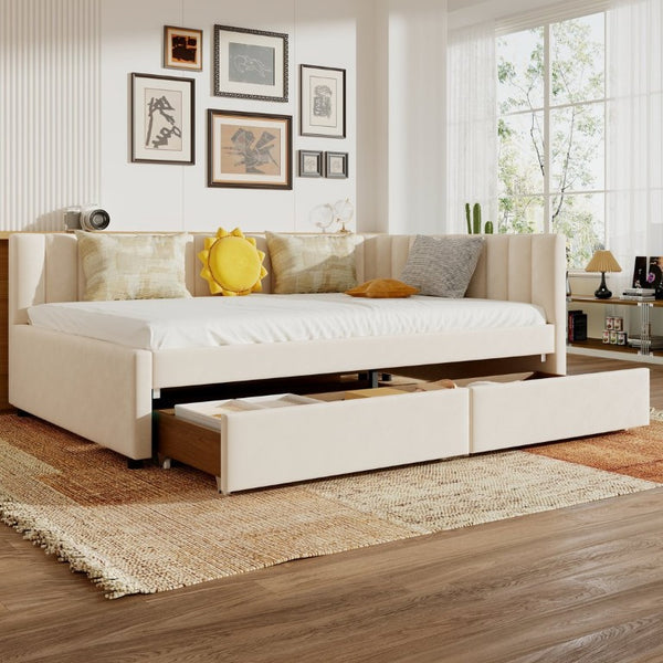 English Elm Queen Upholstered Corner Daybed with Storage Drawers and L Shaped Headboard Beige Velvet W1670S00047