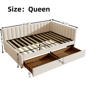 English Elm Queen Upholstered Corner Daybed with Storage Drawers and L Shaped Headboard Beige Velvet W1670S00047