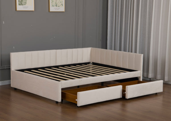 English Elm Queen Upholstered Corner Daybed with Storage Drawers and L Shaped Headboard Beige Velvet W1670S00047