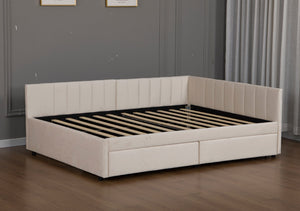 English Elm Queen Upholstered Corner Daybed with Storage Drawers and L Shaped Headboard Beige Velvet W1670S00047
