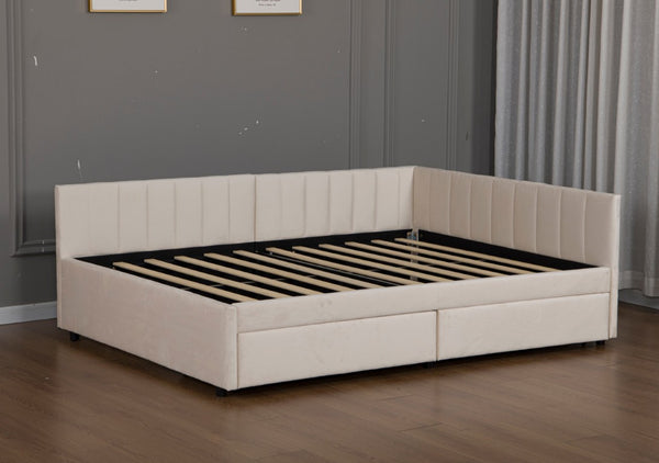 English Elm Queen Upholstered Corner Daybed with Storage Drawers and L Shaped Headboard Beige Velvet W1670S00047