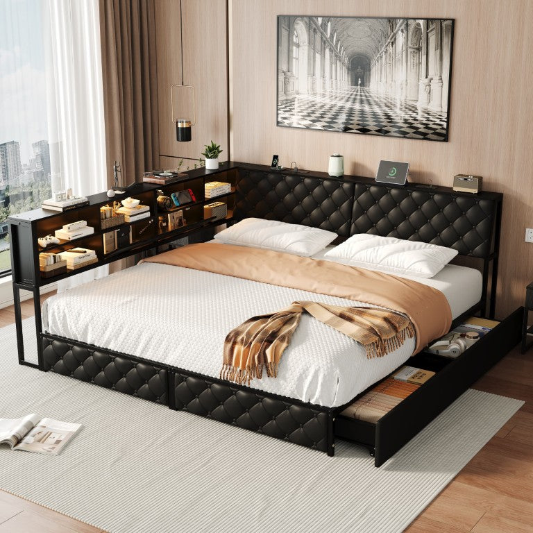 English Elm Corner Platform Bed Bookcase Headboard LED Lighting Storage Drawers Charging Station Twin W1670S00050