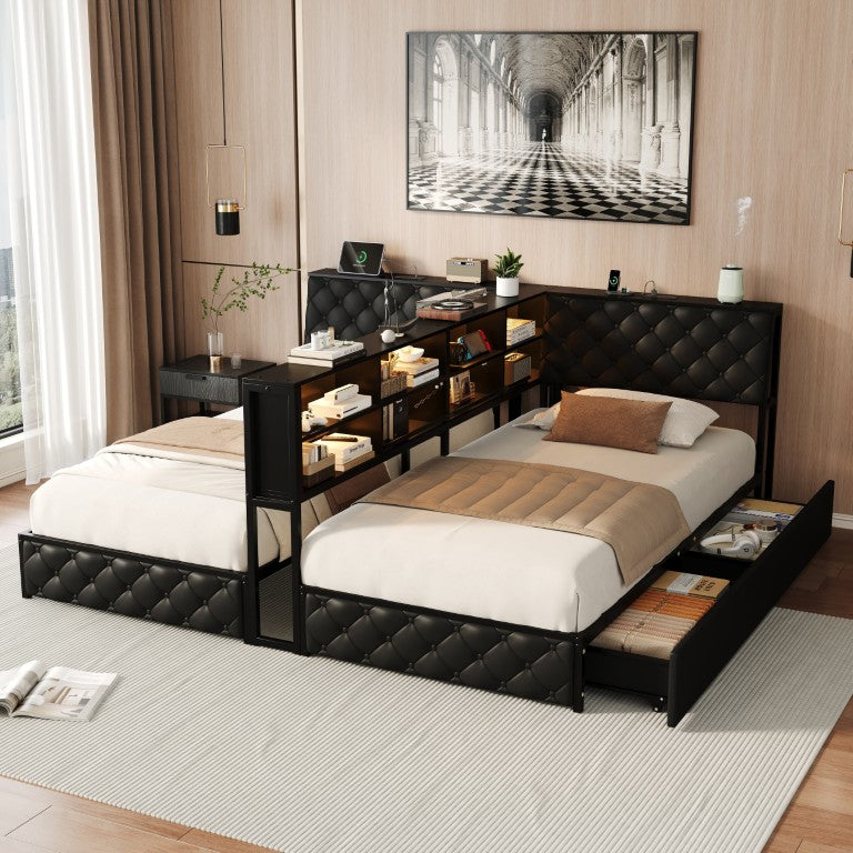 English Elm Corner Platform Bed Bookcase Headboard LED Lighting Storage Drawers Charging Station Twin W1670S00050