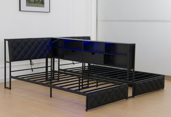English Elm Corner Platform Bed Bookcase Headboard LED Lighting Storage Drawers Charging Station Twin W1670S00050