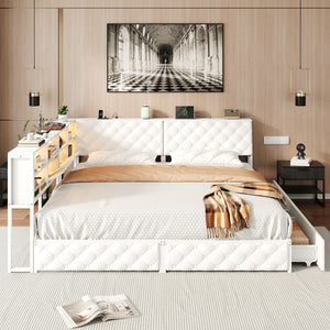 English Elm Full Boucle Upholstered Wingback Bed Tufted Headboard Nailhead Trim Bedroom Frame Ancient White MDF+Metal W1670S00051