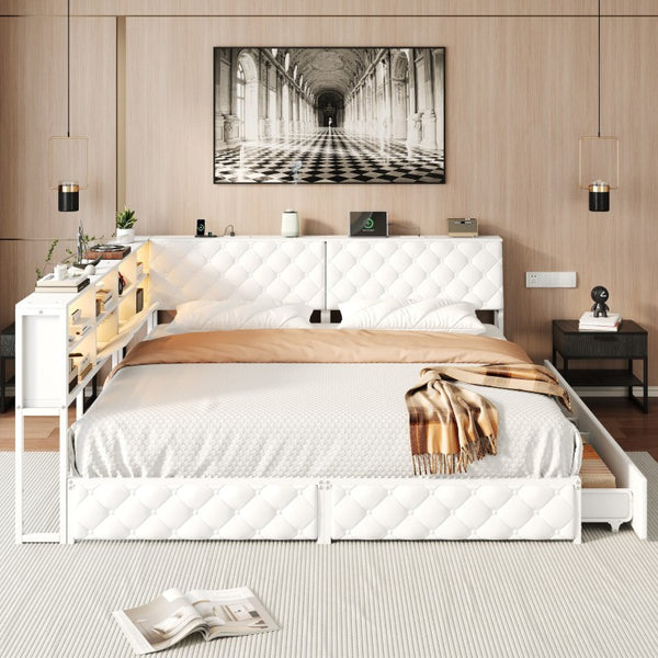 English Elm Full Boucle Upholstered Wingback Bed Tufted Headboard Nailhead Trim Bedroom Frame Ancient White MDF+Metal W1670S00051