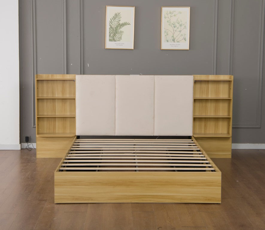 English Elm King Platform Bed with Bookcase Headboard LED Lighting and Built-In USB Charging W1670S00059