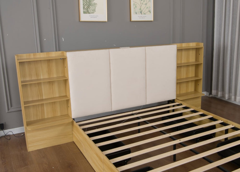 English Elm King Platform Bed with Bookcase Headboard LED Lighting and Built-In USB Charging W1670S00059