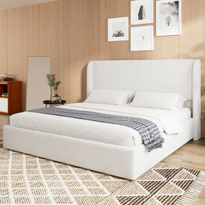 English Elm Full Boucle Upholstered Wingback Bed Tufted Headboard Nailhead Trim Bedroom Frame Beige Velvet W1670S00060