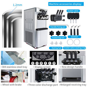 English Elm Commercial Soft Serve Ice Cream Machine Three Flavor SUS304 Steel 30L Per Hour W1676P146593
