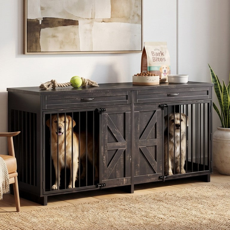 English Elm Dog Kennel TV Stand with Barn Door Entry Rustic Wood Furniture for Large Breeds W1687S00005