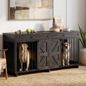 English Elm Dog Kennel TV Stand with Barn Door Entry Rustic Wood Furniture for Large Breeds W1687S00005