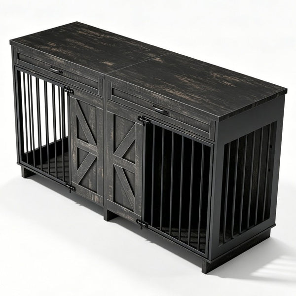 English Elm Dog Kennel TV Stand with Barn Door Entry Rustic Wood Furniture for Large Breeds W1687S00005