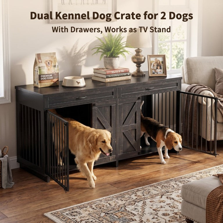 English Elm Dog Kennel TV Stand with Barn Door Entry Rustic Wood Furniture for Large Breeds W1687S00005