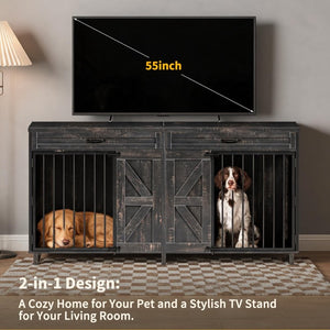 English Elm Dog Kennel TV Stand with Barn Door Entry Rustic Wood Furniture for Large Breeds W1687S00005