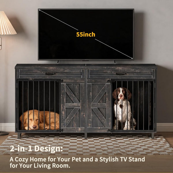 English Elm Dog Kennel TV Stand with Barn Door Entry Rustic Wood Furniture for Large Breeds W1687S00005
