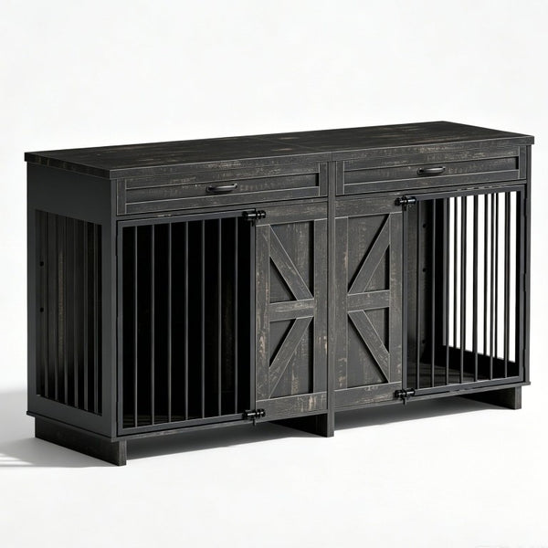 English Elm Dog Kennel TV Stand with Barn Door Entry Rustic Wood Furniture for Large Breeds W1687S00005